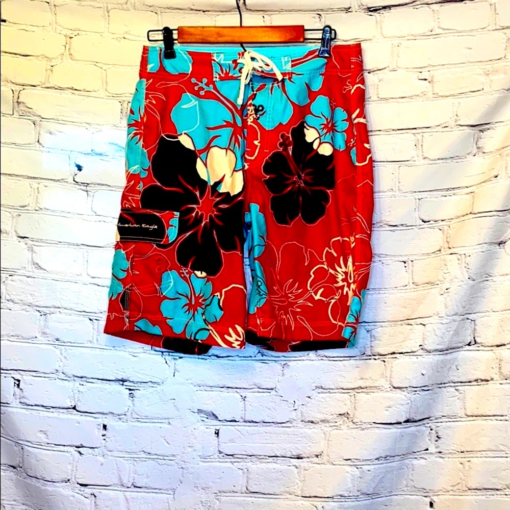 American Eagle Red Blue Brown Board Swim Trunks Size 30